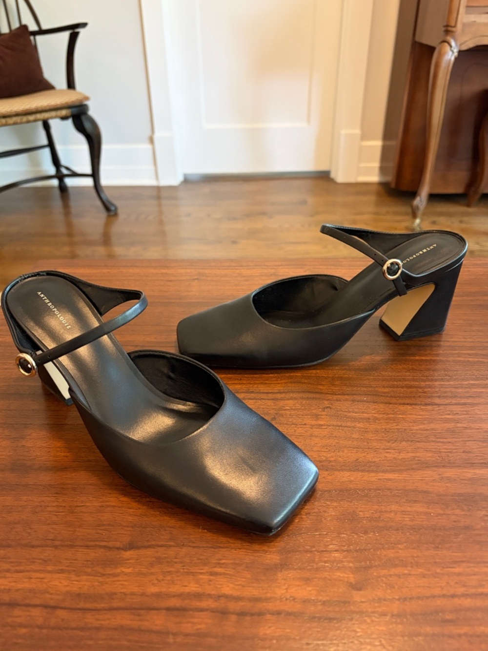 Anthropologie Black Square-Toe Block Heel Slingbacks with Gold Buckle